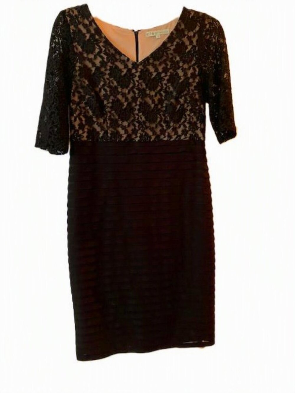 Cleo Petites Black Dress with Lace Top & Horizontal Pleating on Bottom Size 6P